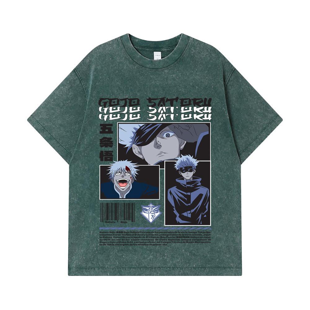 275 GSM Washed T-shirts 100% Cotton Jujutsu Kaisen V26 Gojo Print Unisex Heavy Cotton T Shirt