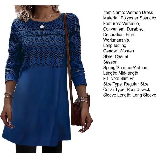 Женское платье, удобное стильное элегантное повседневное короткое платье с длинным рукавом и круглым вырезом с принтом для повседневной носки