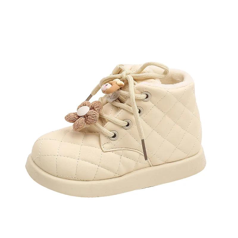 Шикарные детские ботинки для девочек, зимние теплые плюшевые сапоги принцессы из хлопка, милые универсальные детские модные повседневные ботильоны с круглым носком