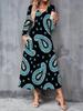 2025 Осень и Зима Новое Женское Повседневное Модное Платье 3D Ретро Принт с Узором Длинный Рукав V-образный Вырез А-силуэт Платья