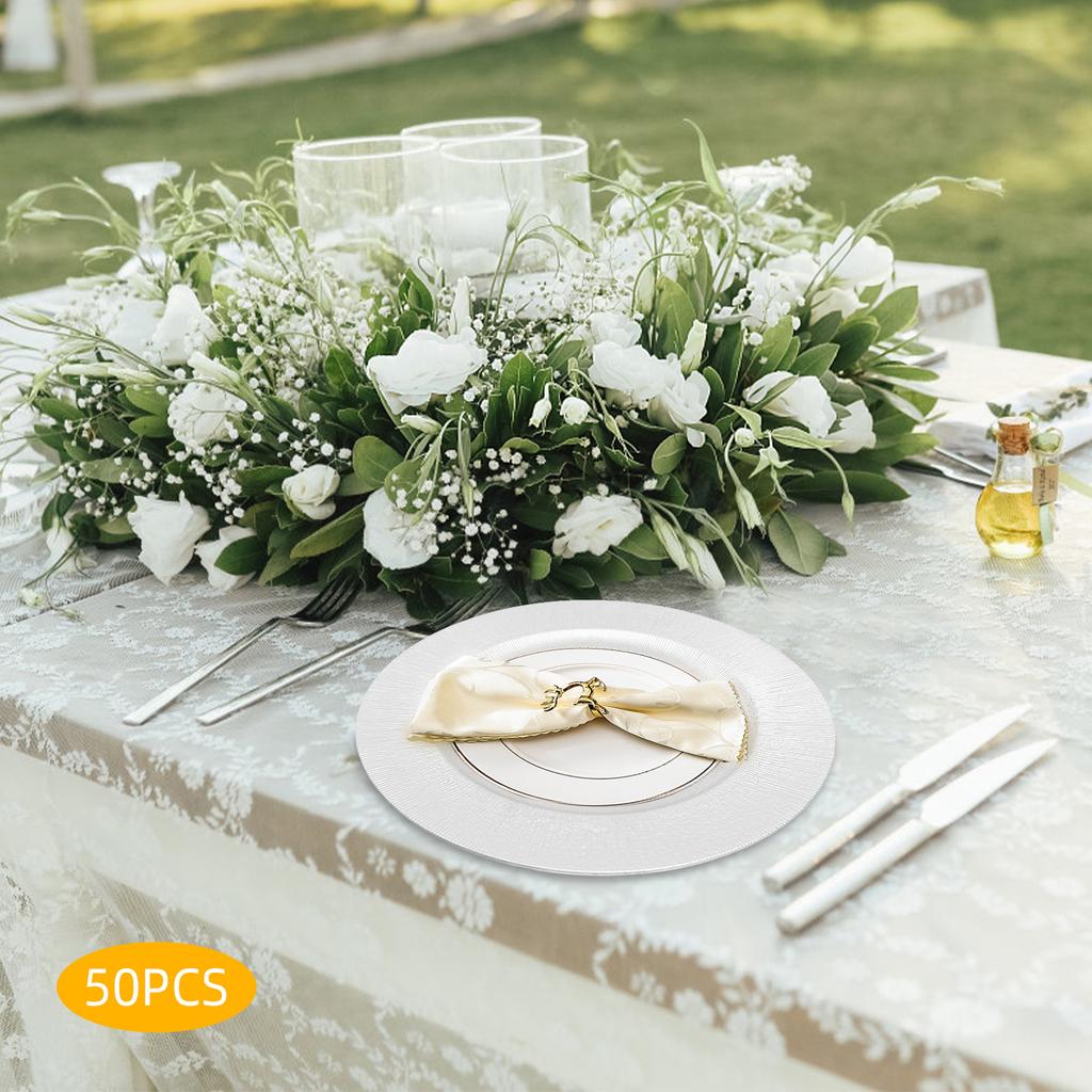 Набор из 50 серебряных подстановочных тарелок - Круглые современные одноразовые тарелки для свадьбы, вечеринки, банкета - Элегантные сервировочные подносы из ПП-пластика