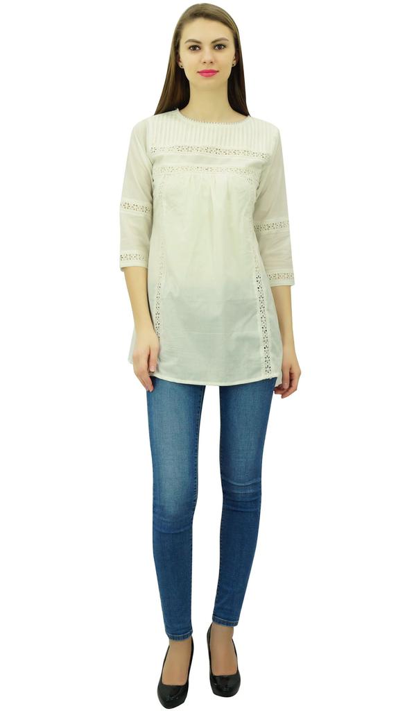 Phagun Women's 3 4 Sleeves Designer Lace Short Tunic Cotton Blouse Summer Casual