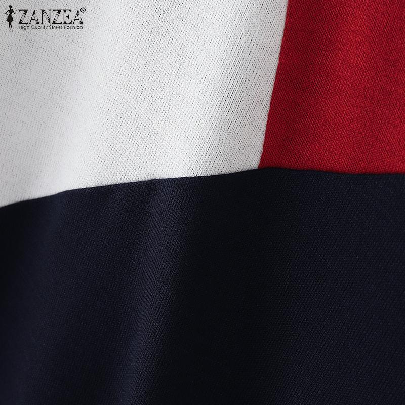 ZANZEA Женские повседневные футболки с круглым вырезом и длинным рукавом в стиле колор-блок