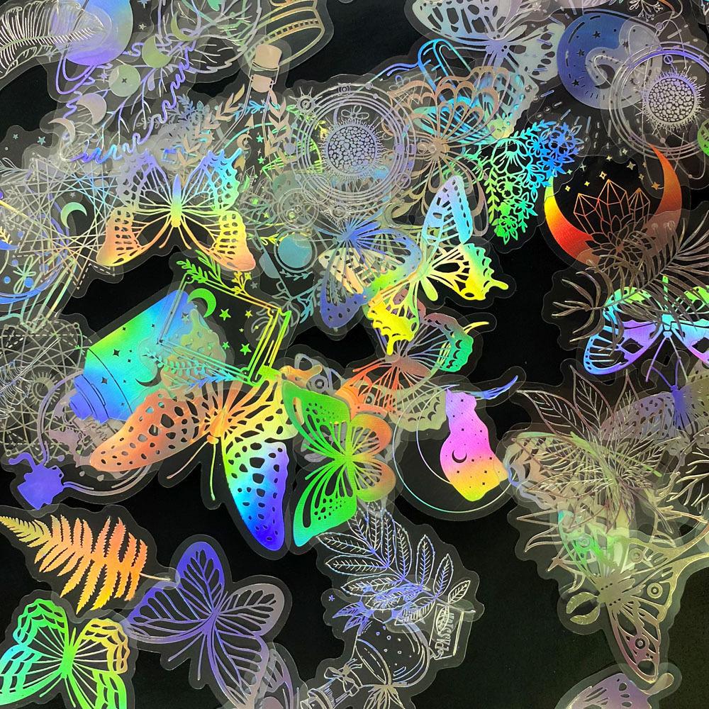 Голографические лазерные наклейки, 100 шт., прозрачные, серебристые, винтажные, декоративные блестящие наклейки «сделай сам», справочник, наклейки для домашних животных, посылка