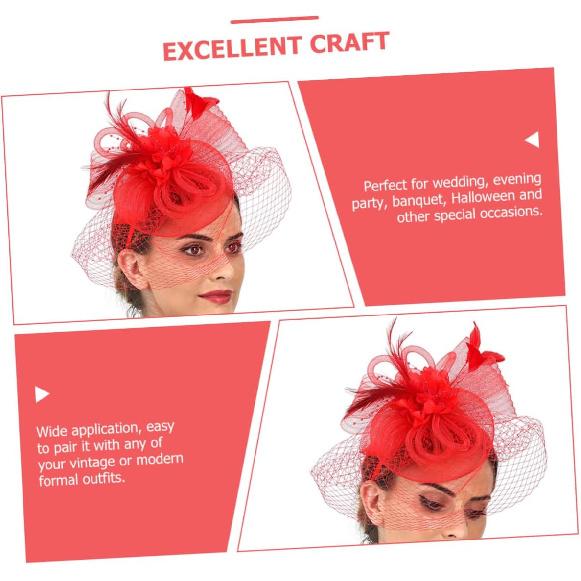 LIOOBO Fascinator Hat Headband with Mesh Plume Flower Detail Red Cocktail Tea Party Wedding Hat for Women and Special Occasion Accessories