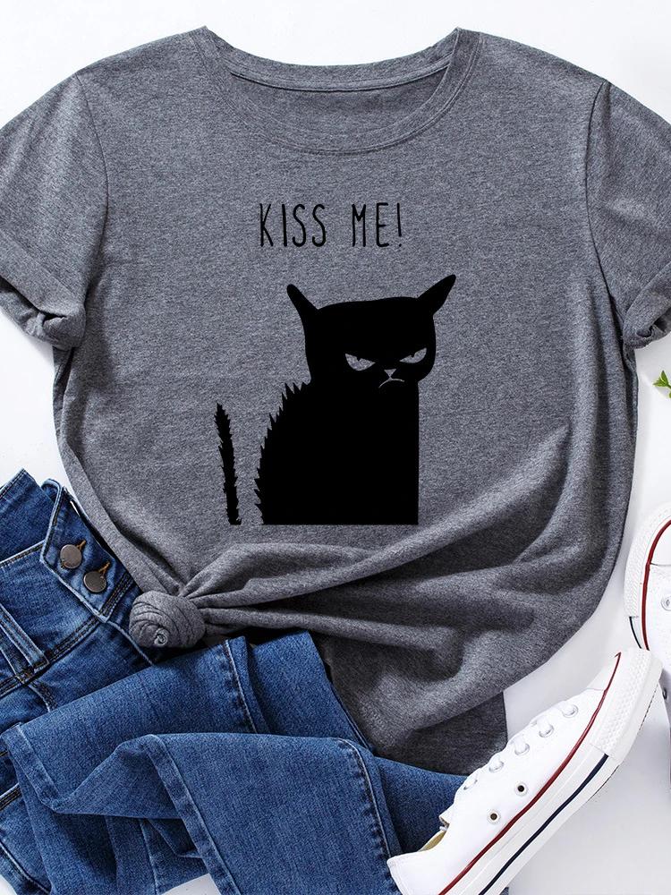 Футболка с принтом «Черная кошка» Kiss Me, женская, с коротким рукавом и круглым вырезом, свободная, летняя, женская, повседневная, футболка, топы, Camisetas Mujer