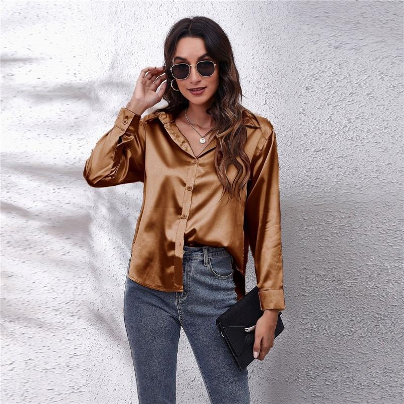 Women's Satin Blouse Long Sleeve V Neck Casual Button Down Shirt