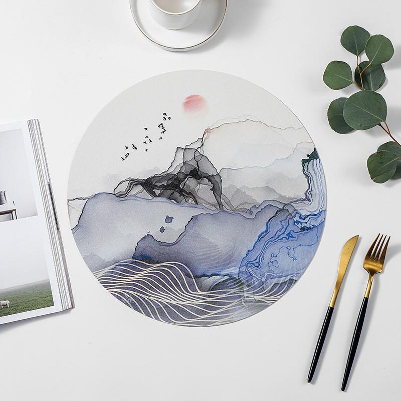 Round PVC Heat-Resistant Table Mat With Zen-Inspired Print New Chinese Style Dining Coaster Home Restaurant Use