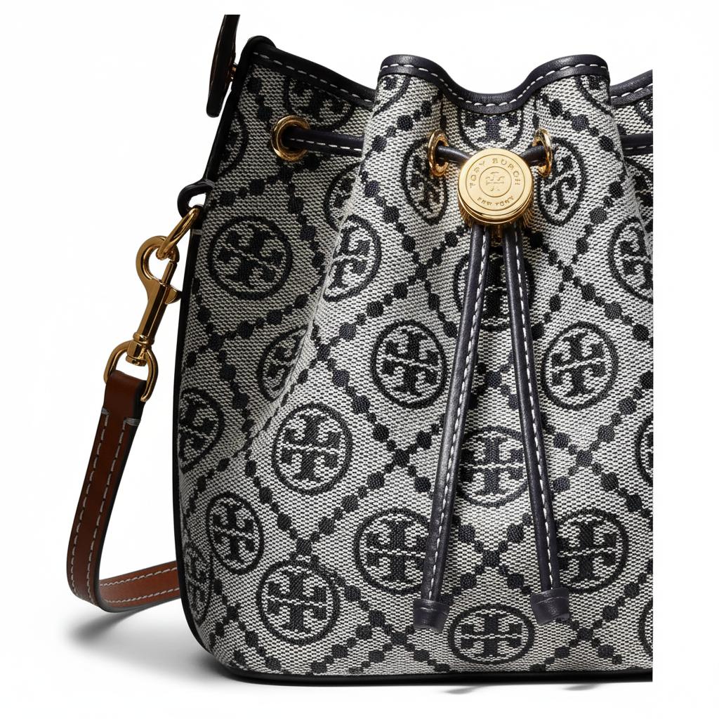 Tory Burch Т-образный узор с буквами Металлическая пряжка Ткань и кожа Сумка-ведро Мини Женские сумки Темно-синий Серый 181375-405