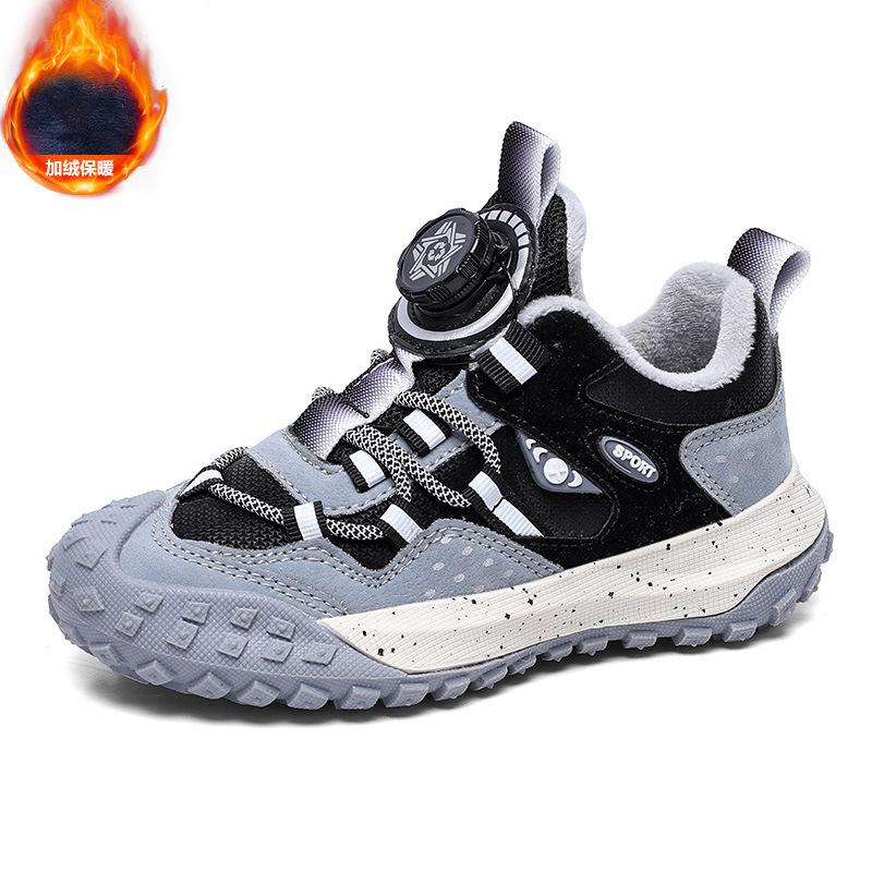 Детская обувь, спортивная обувь 2025 зима новая двуххлопковая теплая кожаная поверхность водонепроницаемая для детей среднего и старшего возраста вращающаяся кнопка нескользящая