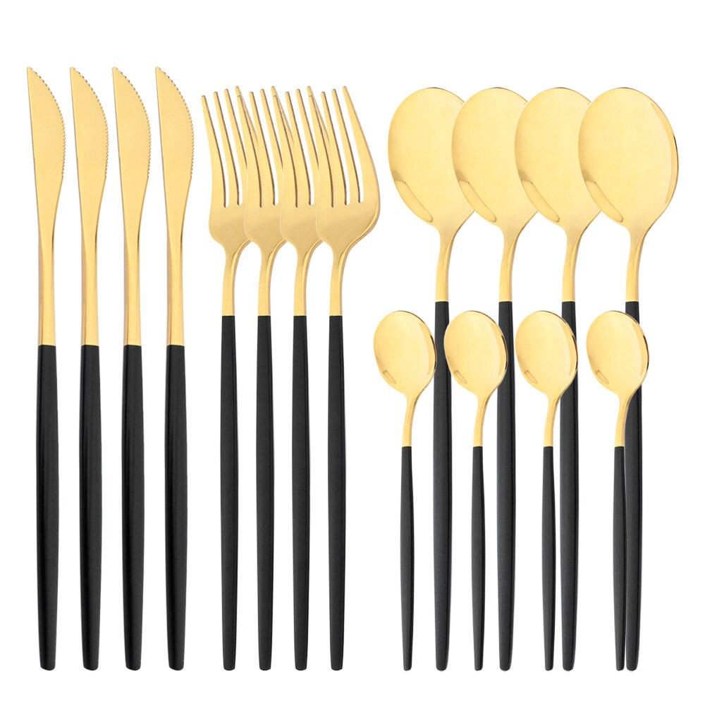 16pcs Upscale Black Gold Complete Dinnerware Set Stainless Steel Tableware Set Knife Fork Coffee Spoon Flatware Set Cutlery Set