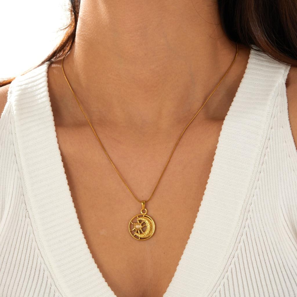 DIEYURO 316L Stainless Steel Golden Round Hollow Sun Moon Inlay Cat Eye Stone Pendant Necklace Women Classic Neck Chain Jewelry