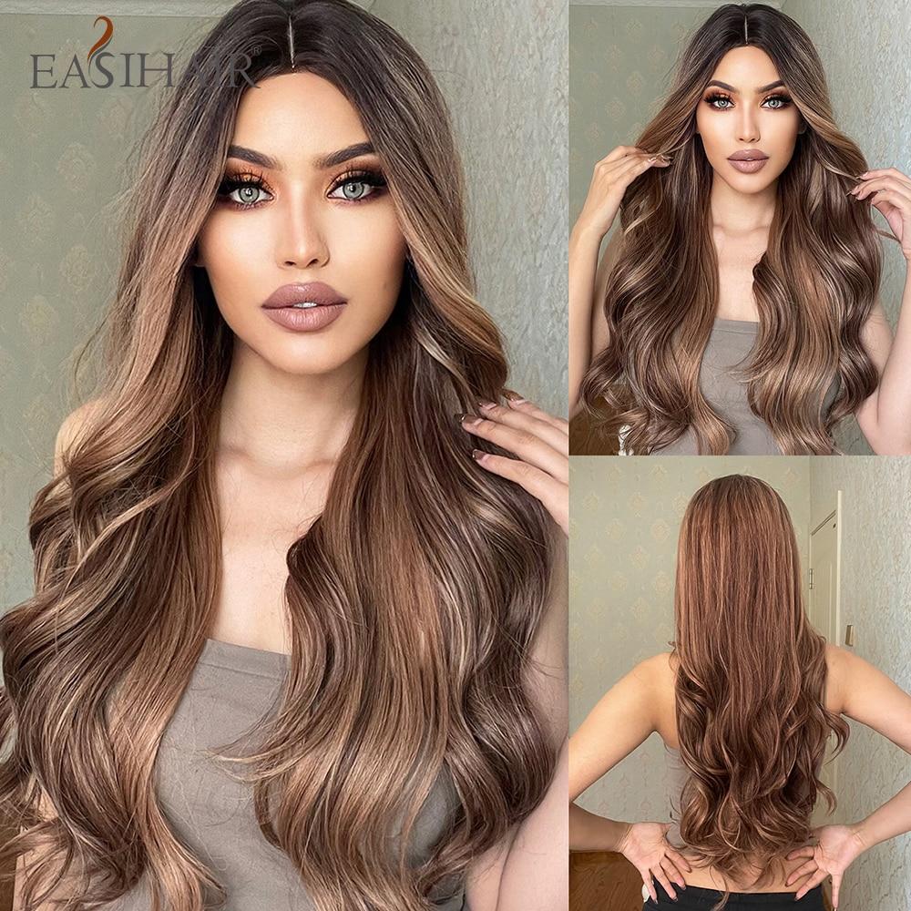 EASIHAIR Длинные медово-коричневые синтетические парики с эффектом омбре для женщин, смешанные коричневые волнистые натуральные парики, средняя часть, парики для косплея, термостойкие