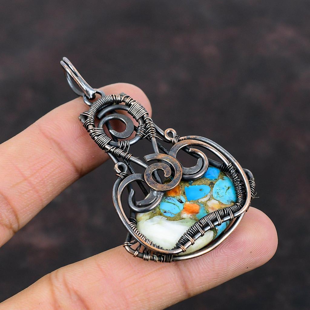 Колючая устрица Медь Бирюза Кулон Медная проволока Обернутый кулон Ювелирные изделия ручной работы Натуральный драгоценный камень Кулон Проволока Обернутый кулон Ювелирные изделия Свадебный подарок