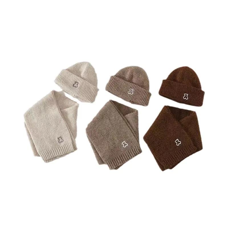 New Fashion Warm Hat Scarf Set for Kids Boy Girl Chic Cartoon Bear Knitted Hat Scarf Autumn Winter Warm Beanie Scarf Set