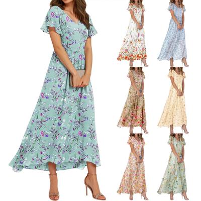 Женские летние платья Повседневные платья макси с короткими рукавами Милые макси-платья с цветочным принтом Платья для гостей свадьбы Шифоновые струящиеся платья
