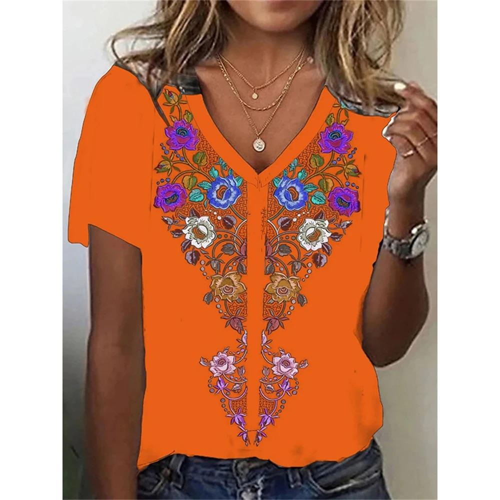 Retro Ethnic Style 3D Digital Printed Women's Casual and Comfortable V-neck Short Sleeved T-shirt