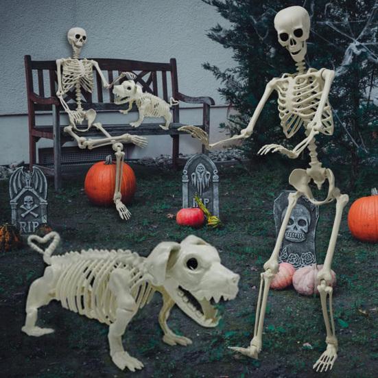 Halloween Skeleton Statue Skeleton Man Walking Dog Resin Ornament Spooky Human Skeleton Figurine for Home Yard Indoor Decoration