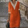 Women's Solid Colour V-Neck Mid Sleeve Cotton & Linen Casual Dress