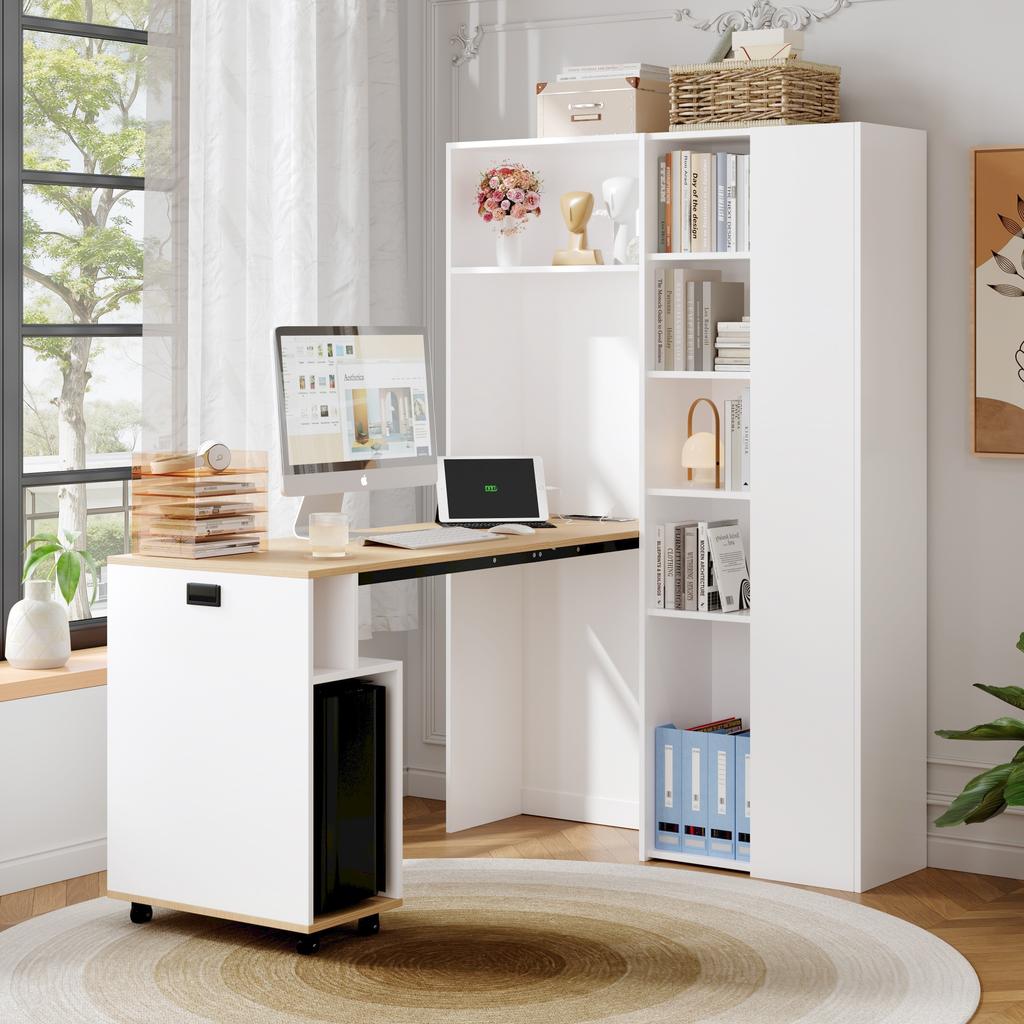 Folding Desk with Shelves – 2-in-1 Bookshelf and Desk, with Socket and USB Port, Height-Adjustable Shelves, Anti-Tip Protection, White, Corner-Right
