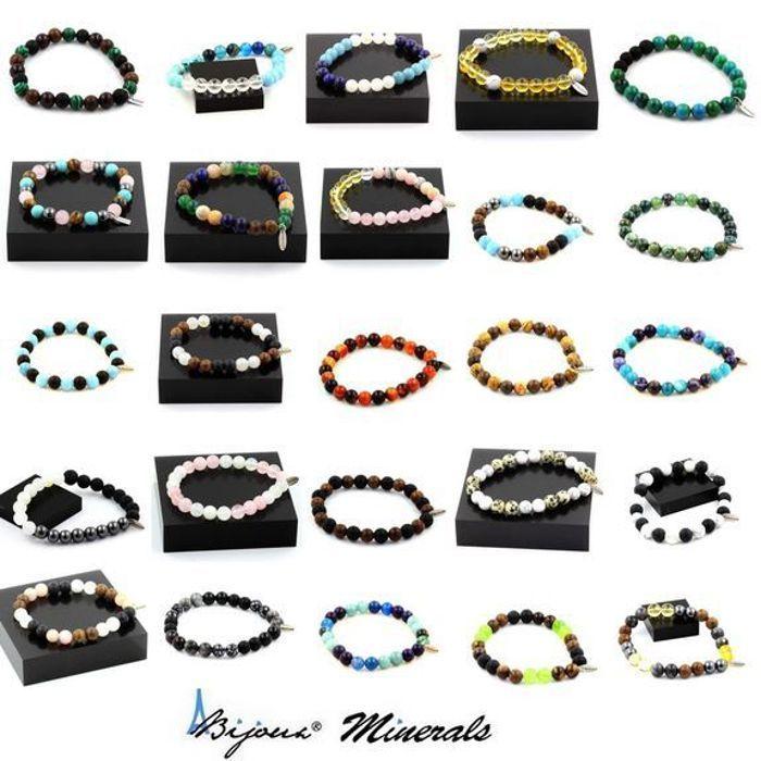 Pierres et Minéraux. Bracelet Perles Oeil de Tigre + Labradorite + Lépidolite + Chrysocolle Fabriqué en France.