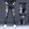 2024 European And American Men'S Jeans Embroidered Slim Fit Elastic Pants Men'S Printed Pants
