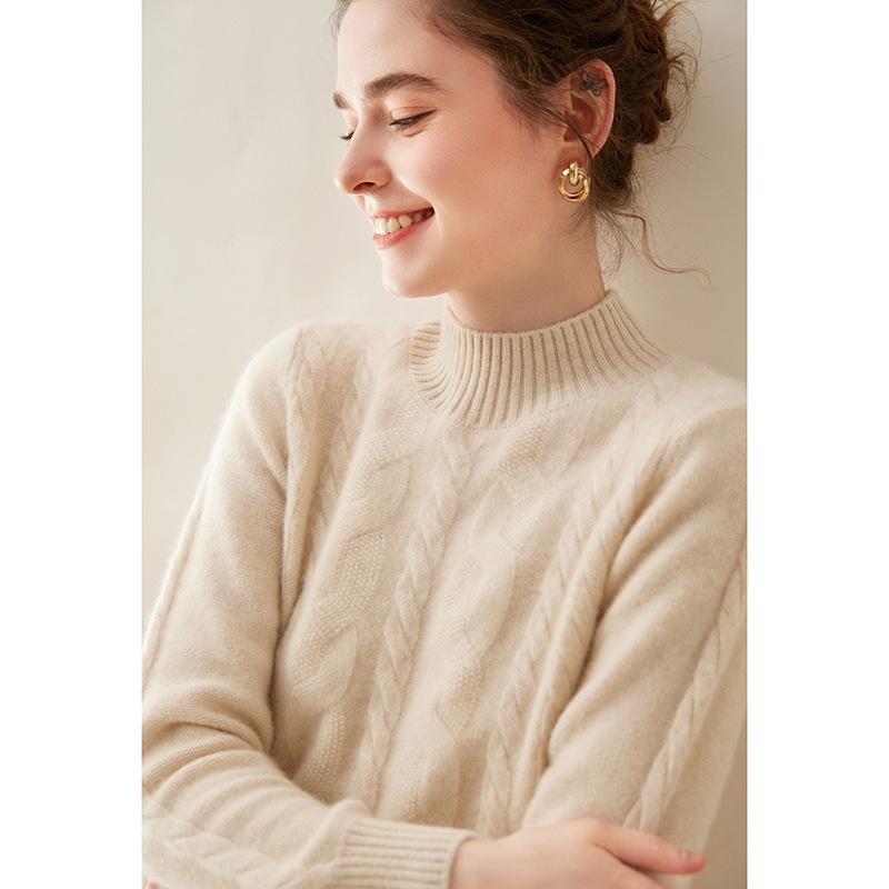 Женский кашемировый пуловер кабельной вязки - Полувысокий воротник, Длинный рукав, Однотонный, Теплый и повседневный базовый слой