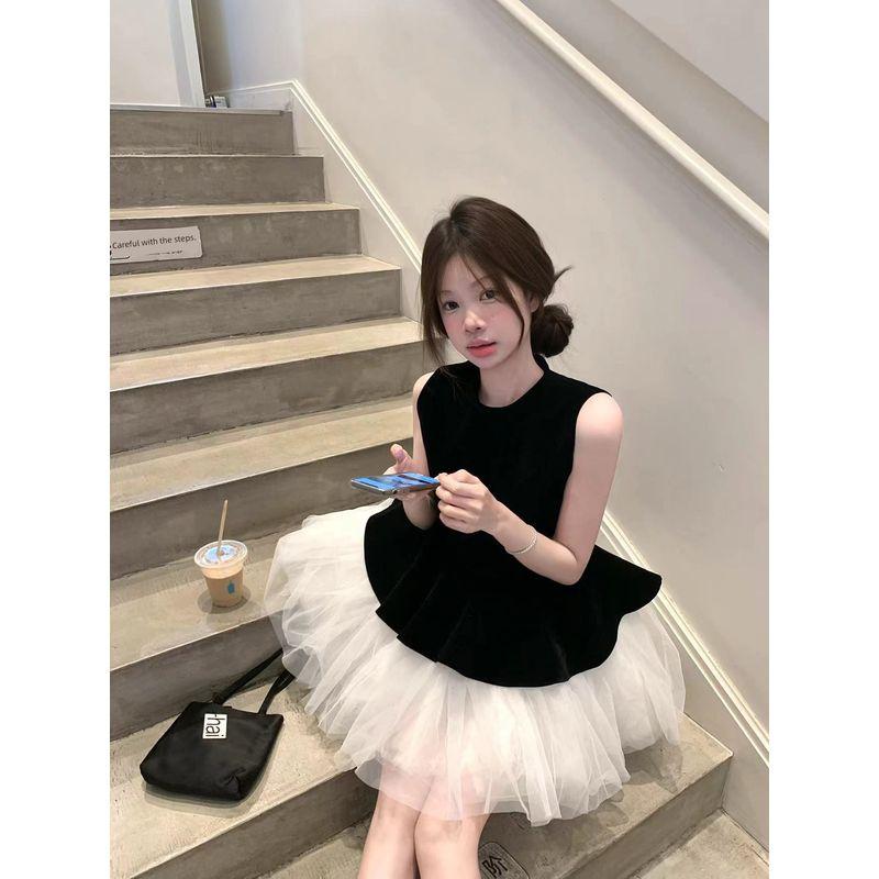 Kumikumi Sweet Style Mesh Patchwork Vest Dress Women Summer French Style Fake Two-Piece A- Line Skirt Pettiskirt