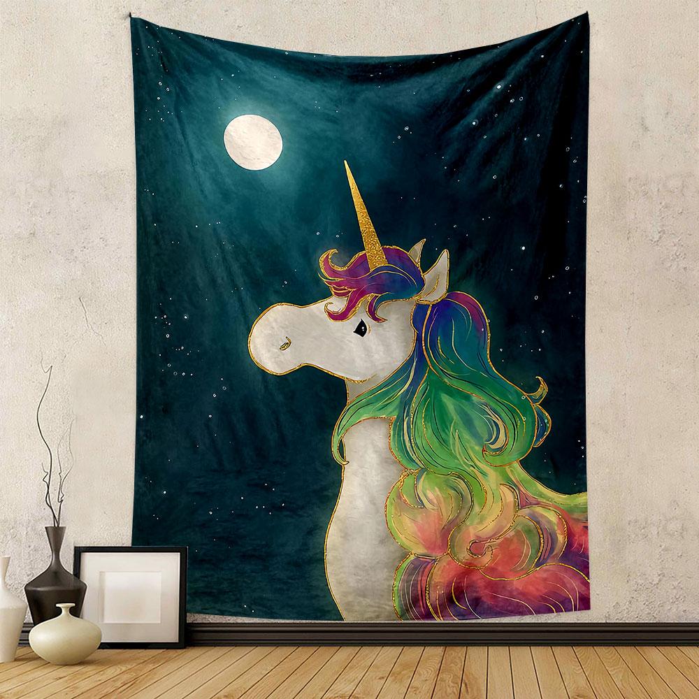 "Rainbow Unicorn Under Moonlit Sky" Patterned tapestry home decor, suitable for bedroom and living room, gift