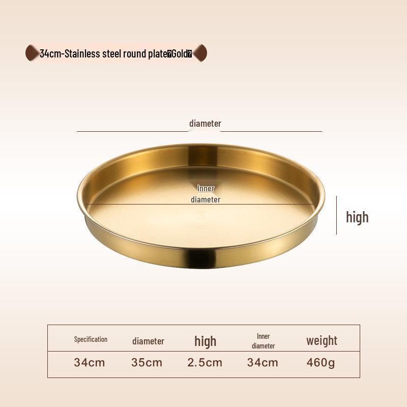 Круглый золотой поднос из нержавеющей стали в корейском стиле для холодной лапши, риса или приготовления на пару – Утолщенная тарелка с плоским дном