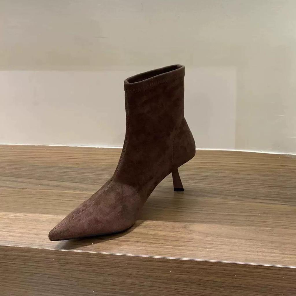 Женские туфли, короткие ботильоны хаки из замши на высоком каблуке с острым носком, новая весенне-осенняя одиночная обувь, корейские маленькие ботильоны