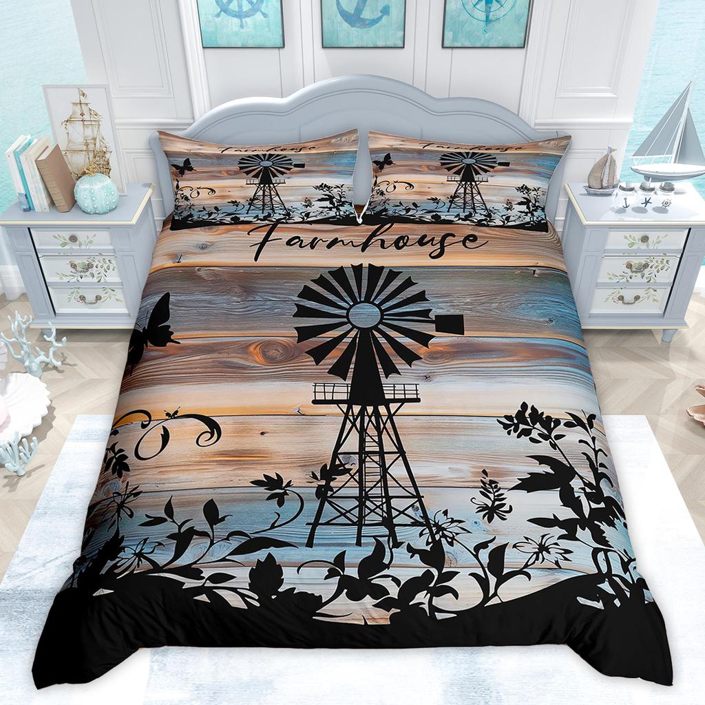Comforter Homewish Rustic Farmhouse Retro Windmill Old Barn Door Bedding Set Vintage Lodge Cabin Comforter Set