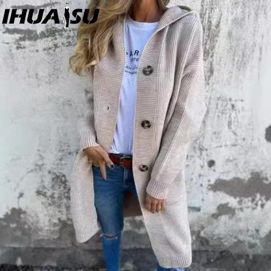IHUASU Осенне-зимний длинный повседневный свитер-кардиган женская одежда