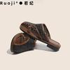 Woven Bag Head Half Slippers Female Oblique Mouth 2025 Summer New Soft Leather Hollow Breathable Belt Buckle Non-slip Retro Sandals