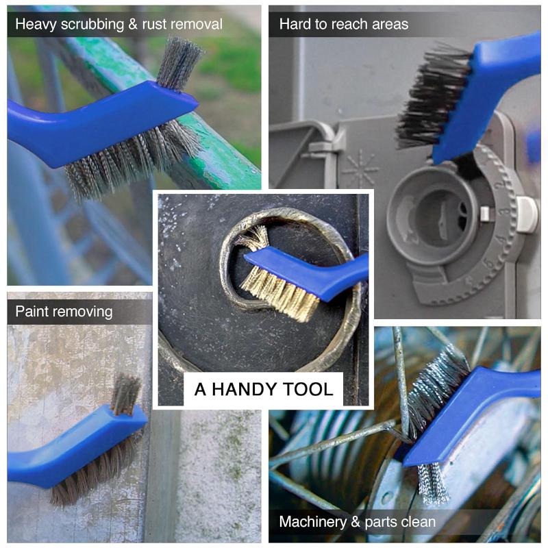 Набор проволочных щеток, 3 шт. — щетина из нейлона, латуни и нержавеющей стали с изогнутой ручкой для очистки от ржавчины, грязи и краски с глубокой очисткой