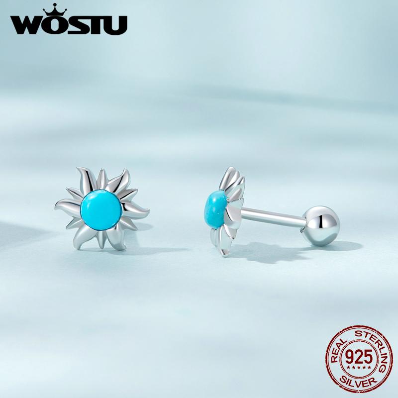 WOSTU 925 Sterling Silver Tiny Sun Stud Earrings for Women Trendy Fine Wedding Jewelry Blue Turquoise Piercing Earrings