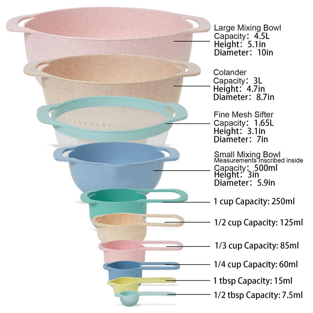 10 Pcs Plastic Mixing Bowls Set with Measuring Spoon Colorful Serving Bowls for Kitchen Ideal for Baking Prepping Nesting Bowls