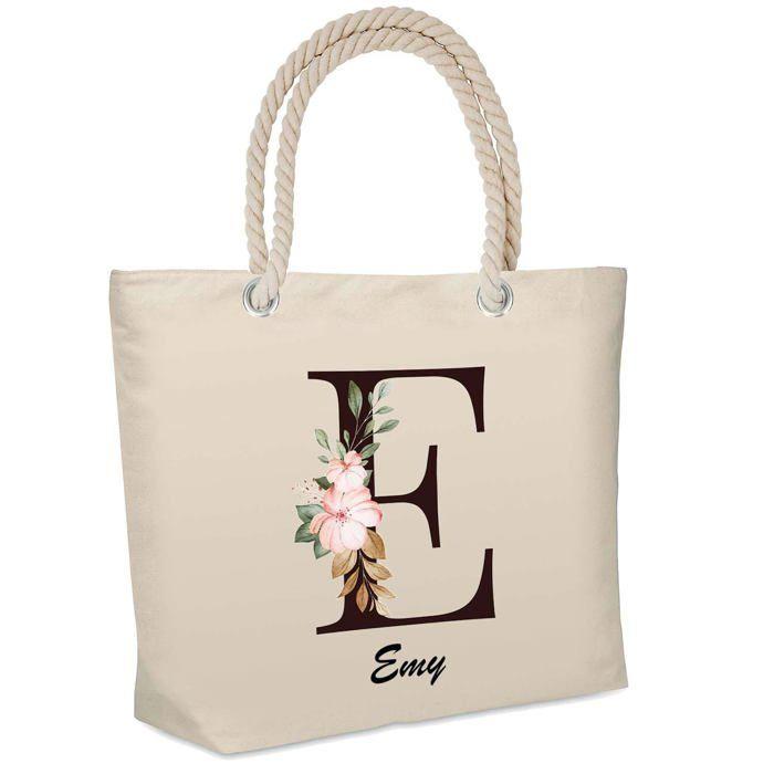 Sac de plage - PLANETEE - isotherme Emy Lettre Fleur - Coton - Grande contenance - Imprimé en France
