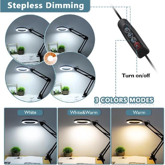 10X Magnifying Glass with Light and Clamp, Veemagni 3 Color Modes Stepless Dimmable Real Glass LED Lighted Magnifier, Adjustable Swing Arm Desk Lamp