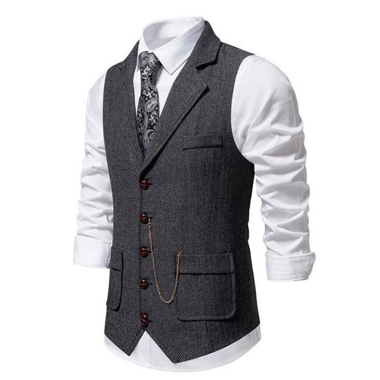 Men Suit Waistcoat Lapel Sleeveless Single Breasted Business Suit Vest Solid Color Slanted Hem 3D Pockets Chain Decoration Waistcoat