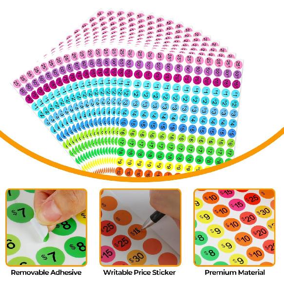AZUREAL Price Stickers 3072P, Round Yard Sale Price Stickers 3/4 Inch, 16 Colors Garage Sale Stickers Multiple Denominations for Retail, Flea Markets