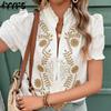 Women's Fashion Casual Summer Spring Flower Pattern Print Short Sleeve V-Neck Blouses & Shirts