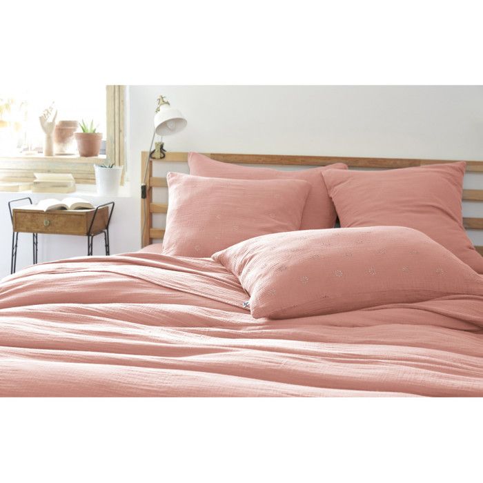 Taie d'oreiller Brodée Déco Gaïa Boho 60 x 60 cm &amp; 50 x 70 cm Gaze de Coton - Gaïa Boho Rose Pêche