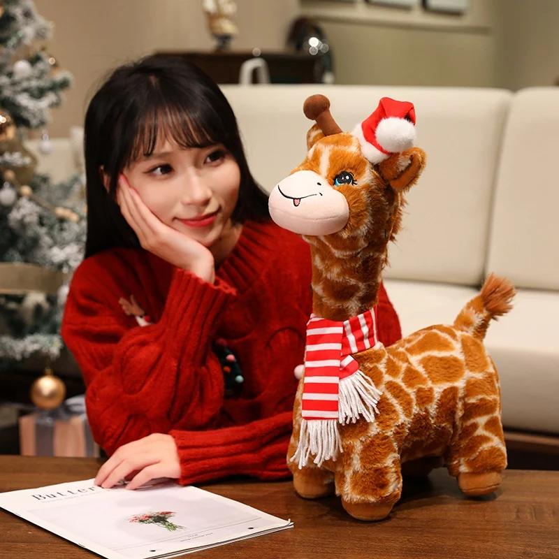 30cm Christmas Giraffe Plush Toy Kawaii Santa Hat Long Neck Deer Plush Toy Stuffed Animal Elk Party Decor Xmas Gift