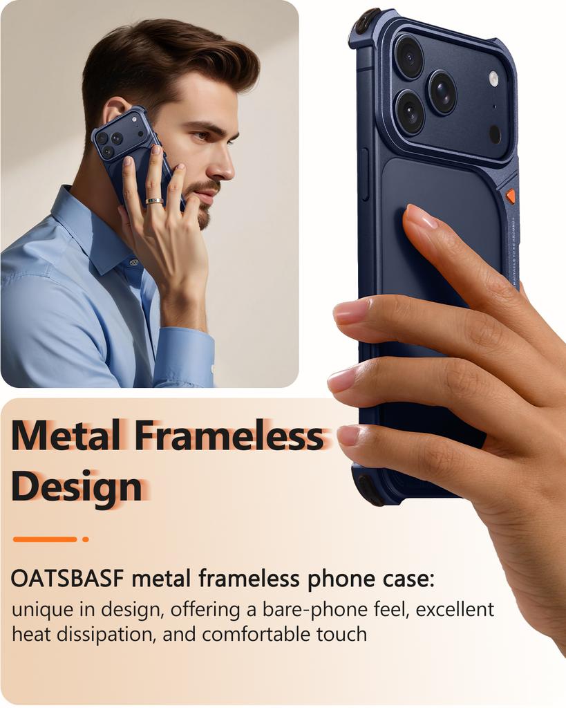 Oatsbasf Metal Frameless Phone Case for iPhone 17 Pro Max & 17 Pro Shockproof Bumper 9 Shape Phone Cover Bare Phone Feel Shell