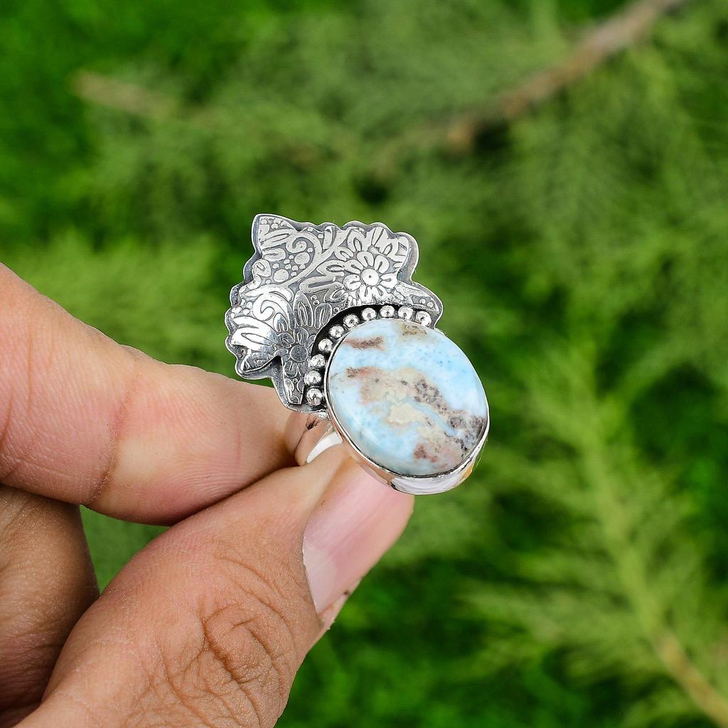 Thanks Giving Day Sale 925 Sterling Silver Natural Larimar Solitaire Bezel Ring