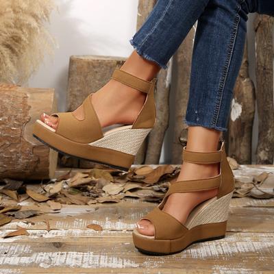 Модные сандалии-клинья на задней молнии, летние новинки, круглый носок, открытый носок, замшевые с вырезами, на платформе, нескользящие туфли-лодочки с открытым носком