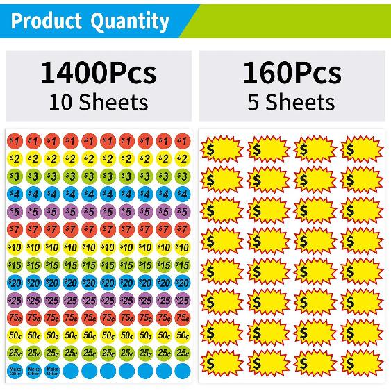 1560 Pcs Removable Garage Sale Price Stickers, 1400pcs Yard Sale Price Stickers & 160pcs Blank Princing Labels, Price Tag for Flea Markets, County
