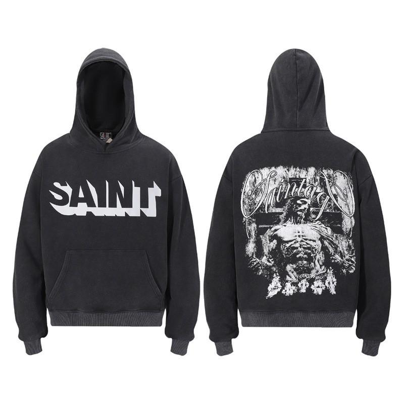 Saint Michael Angel Print Hoodie Men Women American Streetwear Washed Pullover Sweatshirt Casual Loose Fit