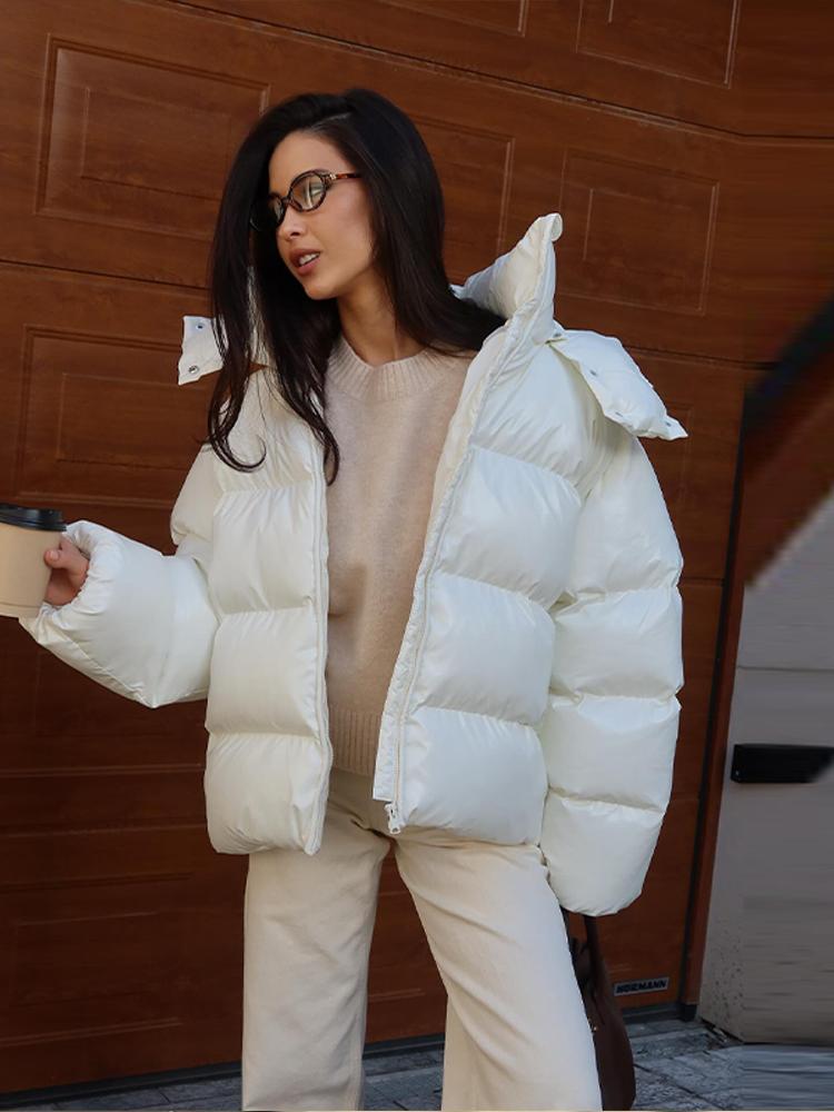 Женский пуховик из лакированной ткани со съемной шляпой, женская теплая, простая и модная зимняя куртка 2025
